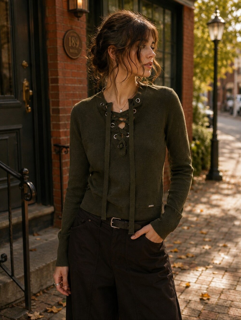 Abercrombie & Fitch Lace Up Sweater Womens L Olive Green Y2K Grommet Knit